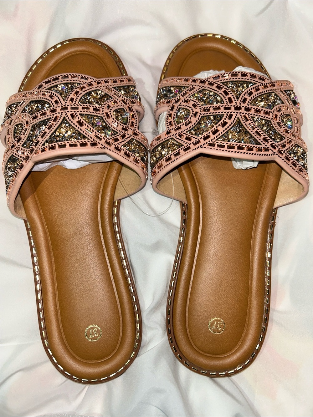 Beaded Pink Slide Sandals with Tan Footbed